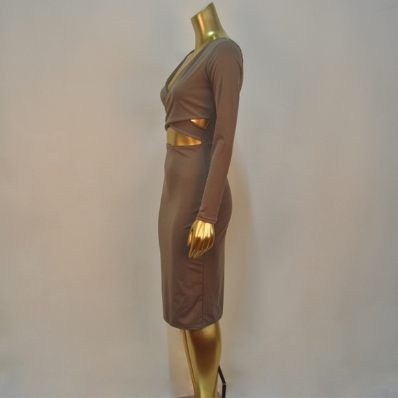 Long Sleeve Khaki HALTER Skirt MIDI Dress - Picture 6 of 6